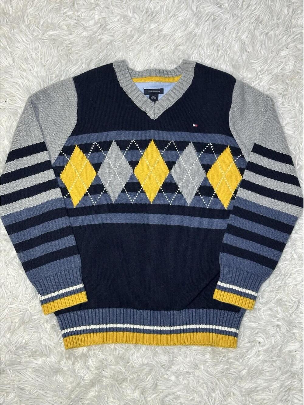 Tommy Hilfiger Boys Argyle Sweater Vest Navy Blue Grey Yellow Size S 8/10 V-Neck